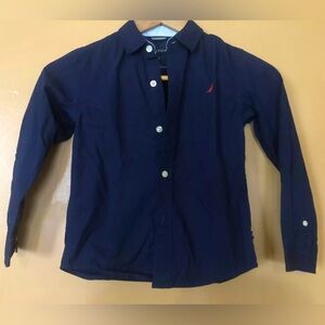 Nautica Boys Large Shirt Button Down Navy Blue Spread Collar Long Sleeve NWOT